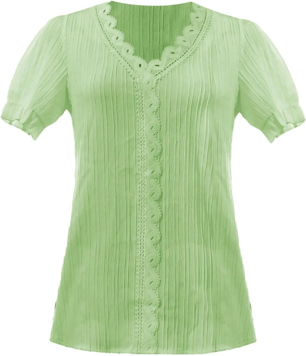 Women Lace V Neck Short Sleeve Shirt Elegant Puff Sleeve Office Work Dressy Blouse Plus Size Slim Tunic Casual Tshirt