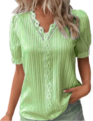 Women Lace V Neck Short Sleeve Shirt Elegant Puff Sleeve Office Work Dressy Blouse Plus Size Slim Tunic Casual Tshirt