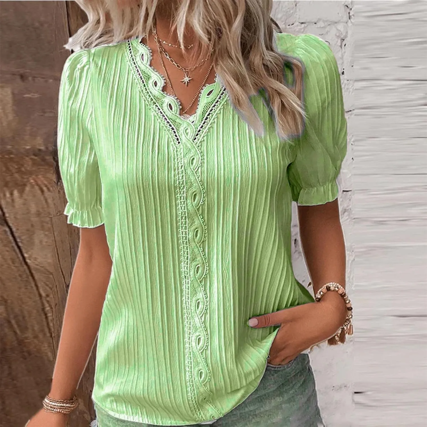 Women Lace V Neck Short Sleeve Shirt Elegant Puff Sleeve Office Work Dressy Blouse Plus Size Slim Tunic Casual Tshirt