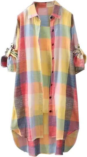 Women Plus Size Plaid Sweatshirt Casual Loose Fit Color Block Button Down Cadigan Top Trendy Long Sleeve Lapel Jacket