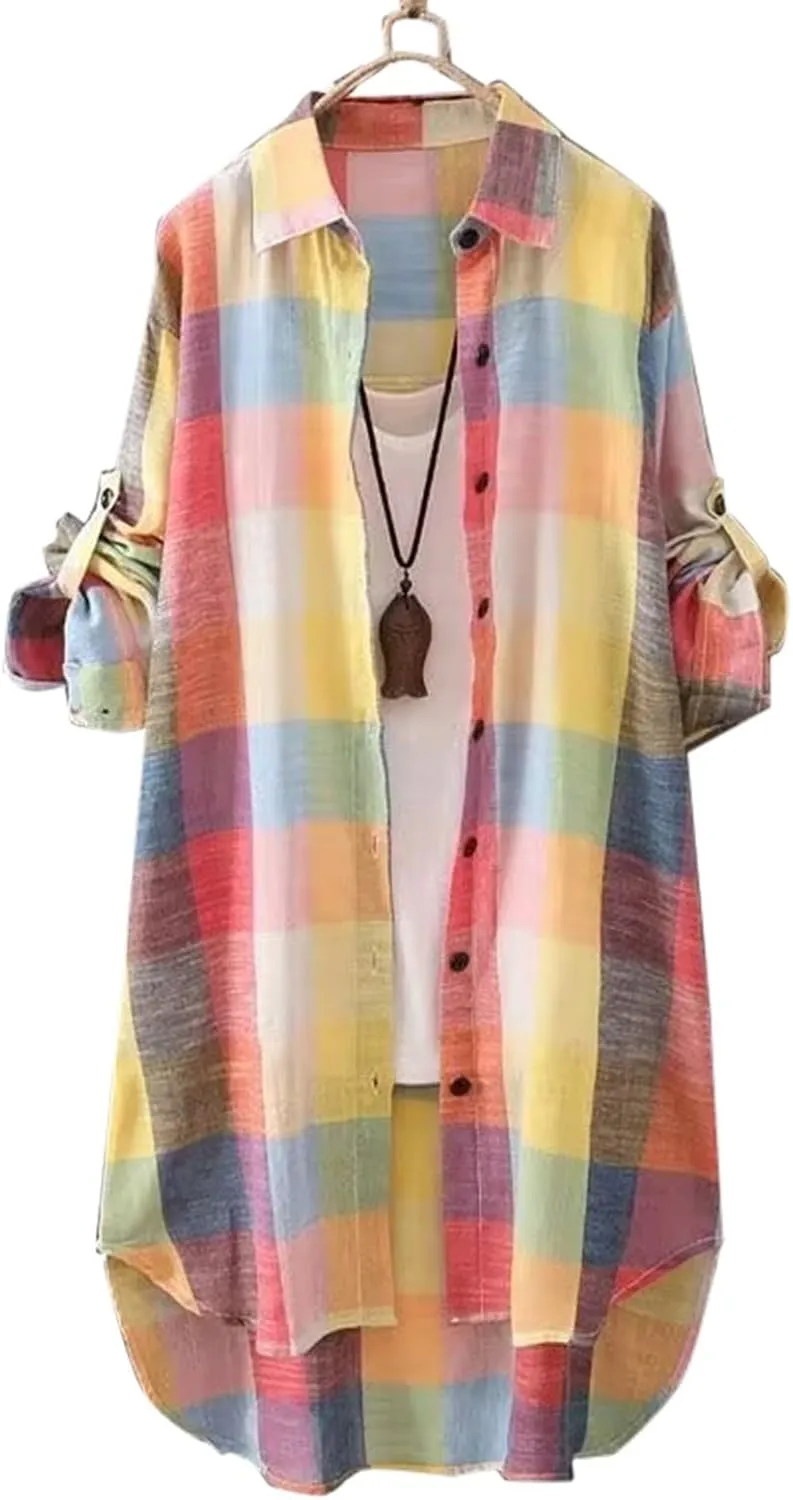 Women Plus Size Plaid Sweatshirt Casual Loose Fit Color Block Button Down Cadigan Top Trendy Long Sleeve Lapel Jacket
