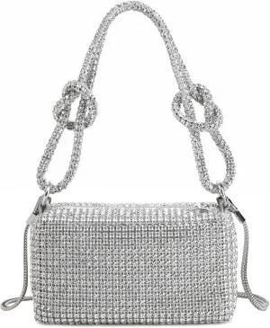 Women Rhinestone Box Bag Knot Handle Evening Clutch Handbag Diamond Purse with Detachable Strap for Wedding Party