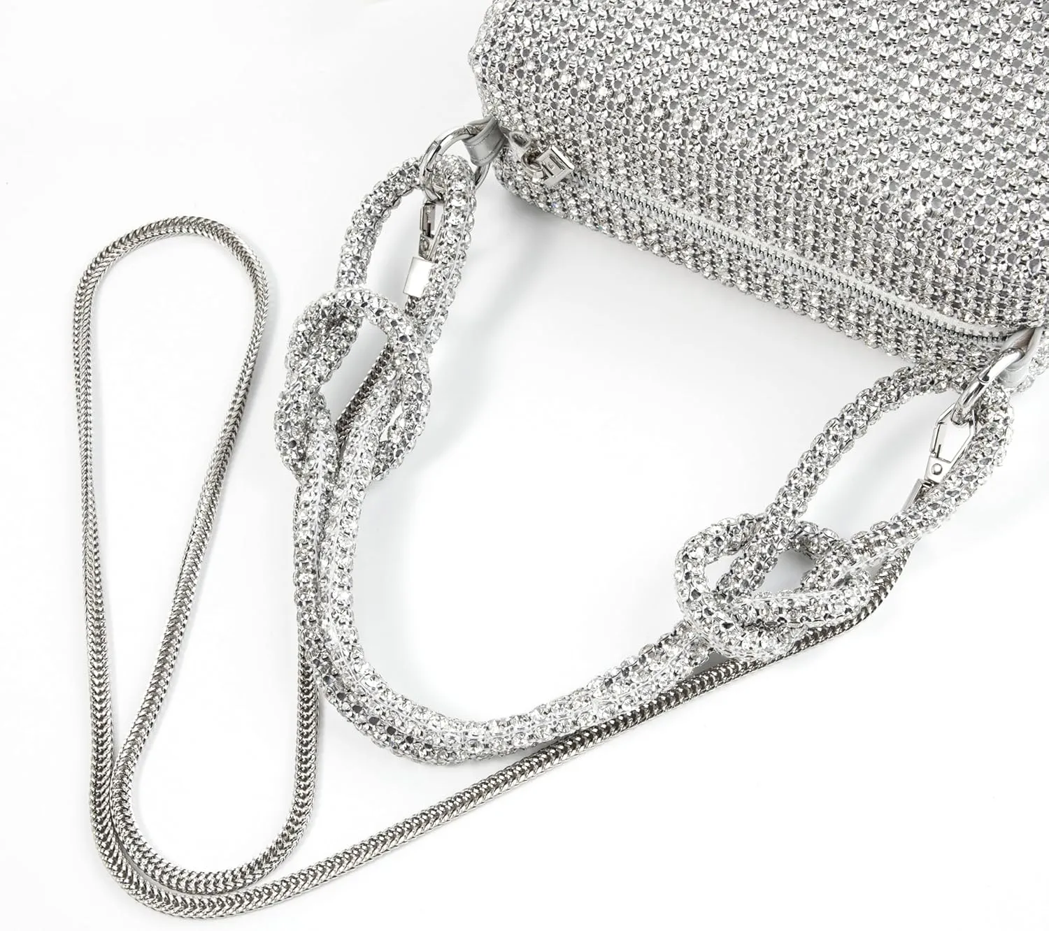 Women Rhinestone Box Bag Knot Handle Evening Clutch Handbag Diamond Purse with Detachable Strap for Wedding Party