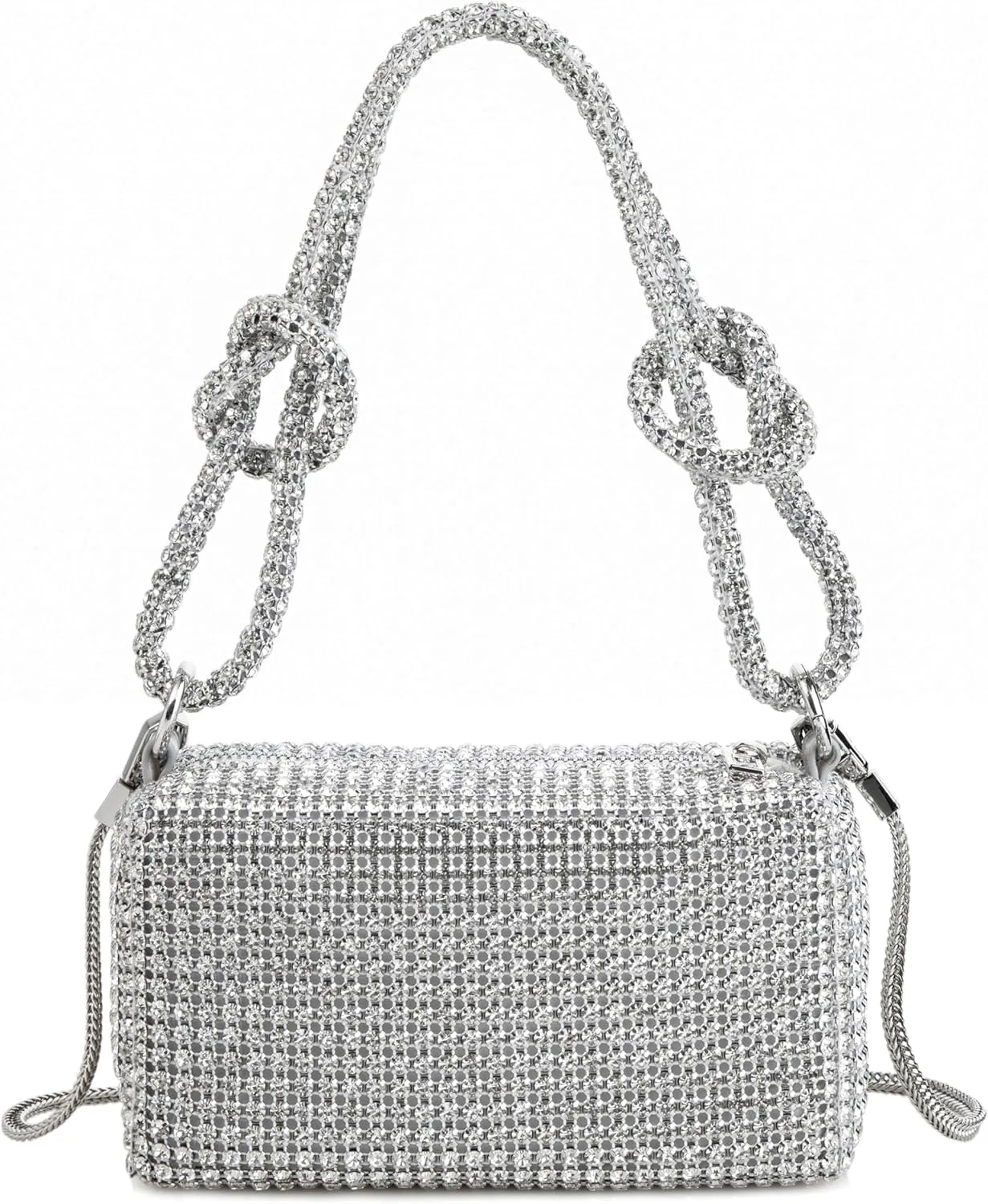 Women Rhinestone Box Bag Knot Handle Evening Clutch Handbag Diamond Purse with Detachable Strap for Wedding Party
