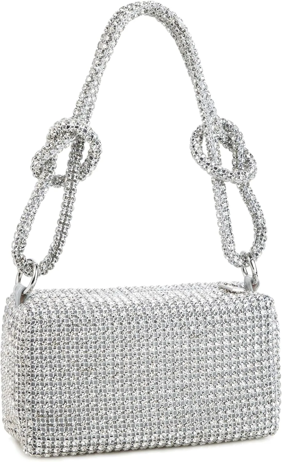 Women Rhinestone Box Bag Knot Handle Evening Clutch Handbag Diamond Purse with Detachable Strap for Wedding Party