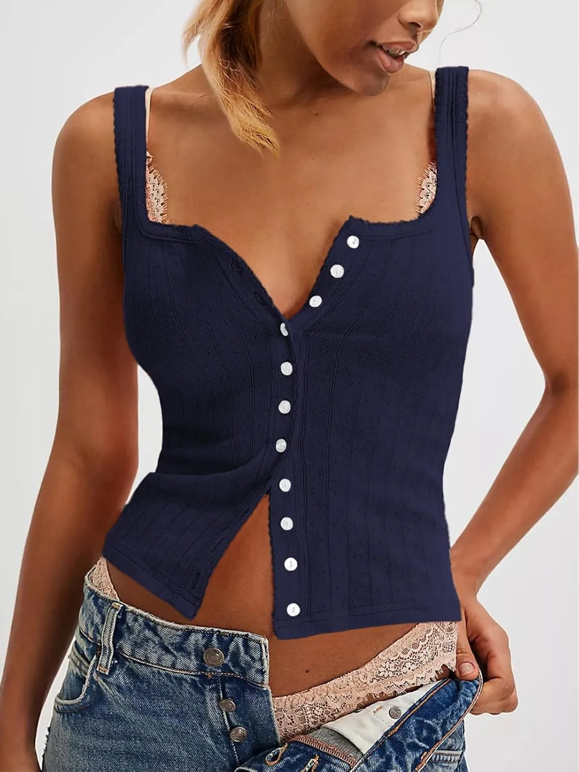 Women Ribbed Tank Tops Sleeveless Button Down Camisole Summer Scoop Neck Cropped Top