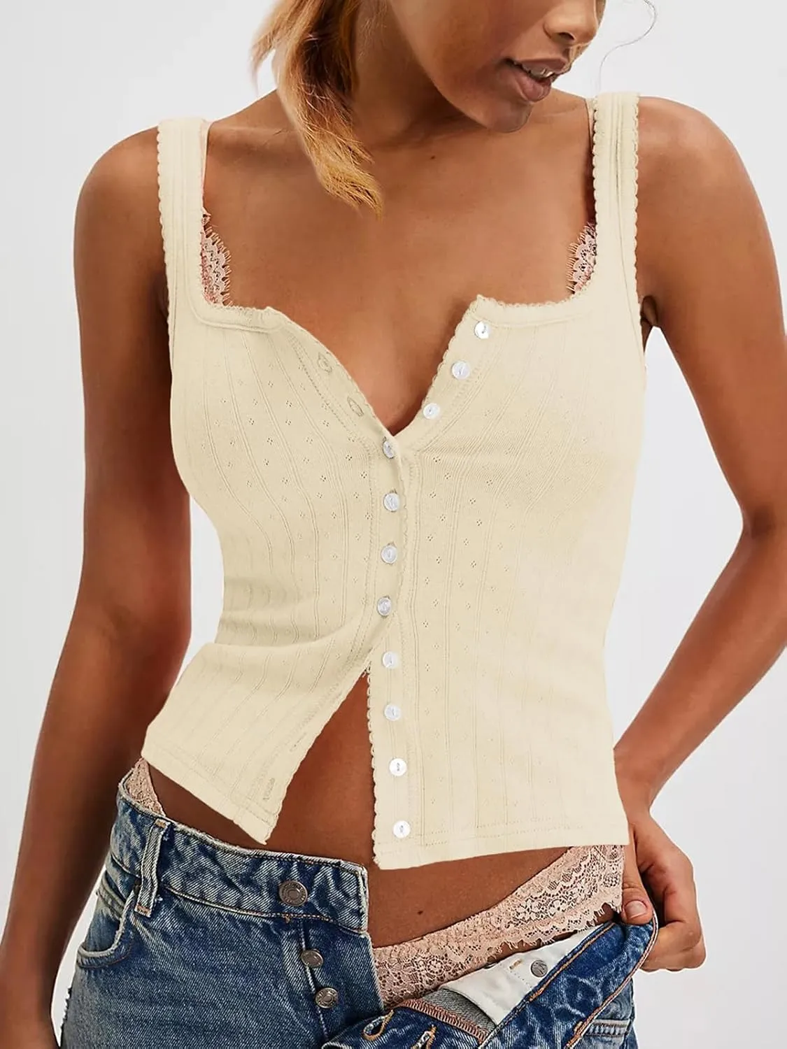 Women Ribbed Tank Tops Sleeveless Button Down Camisole Summer Scoop Neck Cropped Top