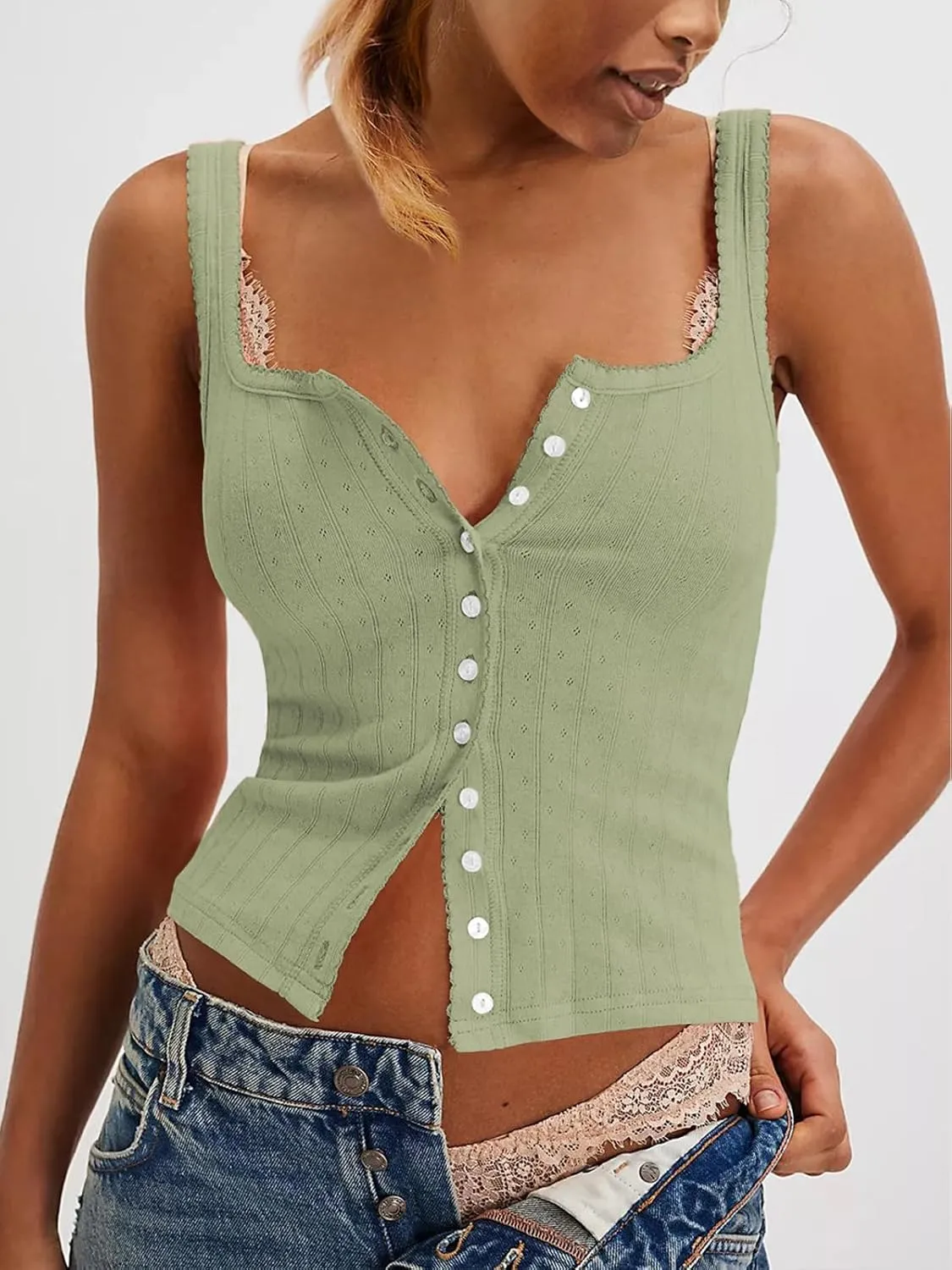 Women Ribbed Tank Tops Sleeveless Button Down Camisole Summer Scoop Neck Cropped Top