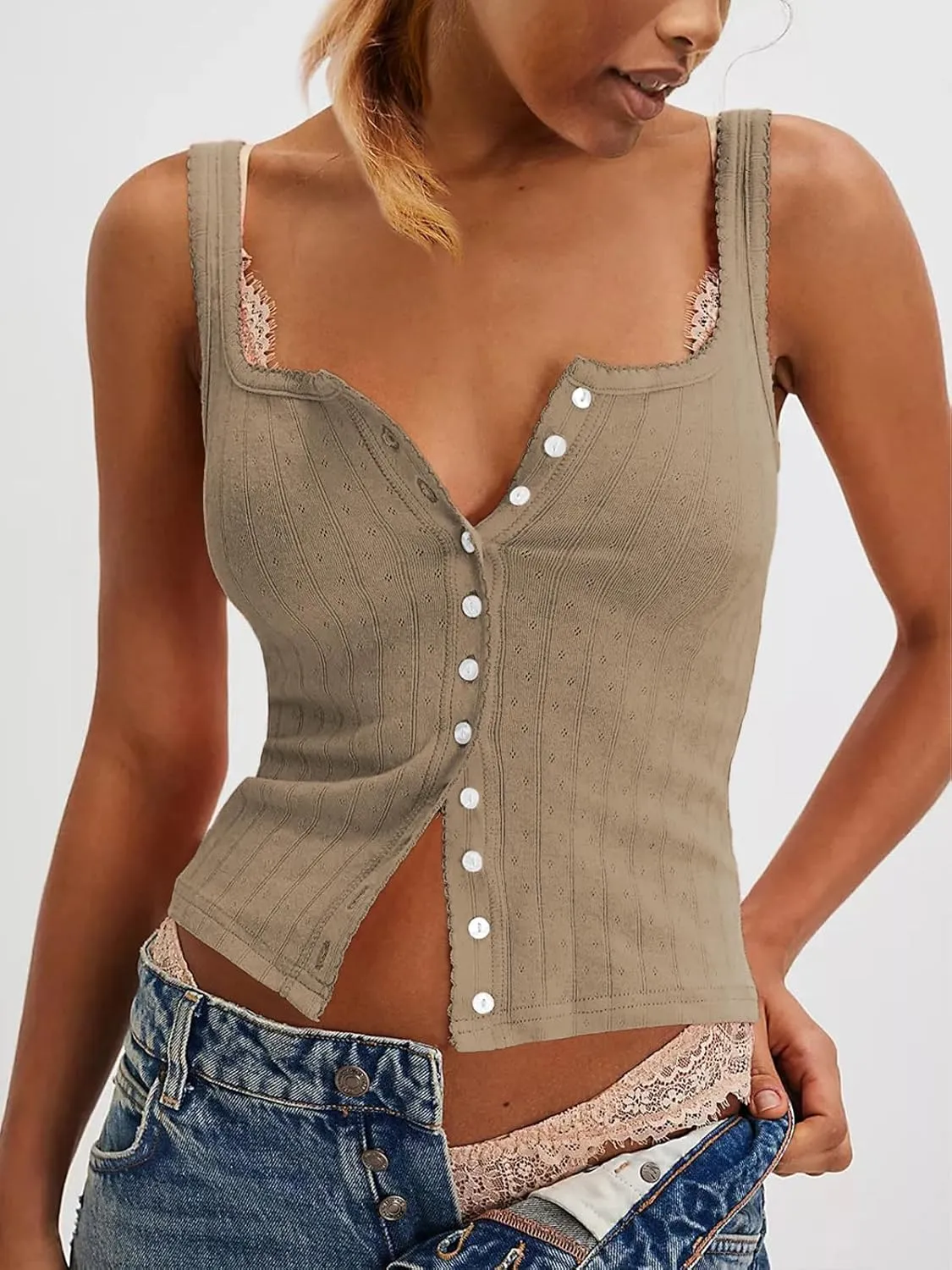 Women Ribbed Tank Tops Sleeveless Button Down Camisole Summer Scoop Neck Cropped Top