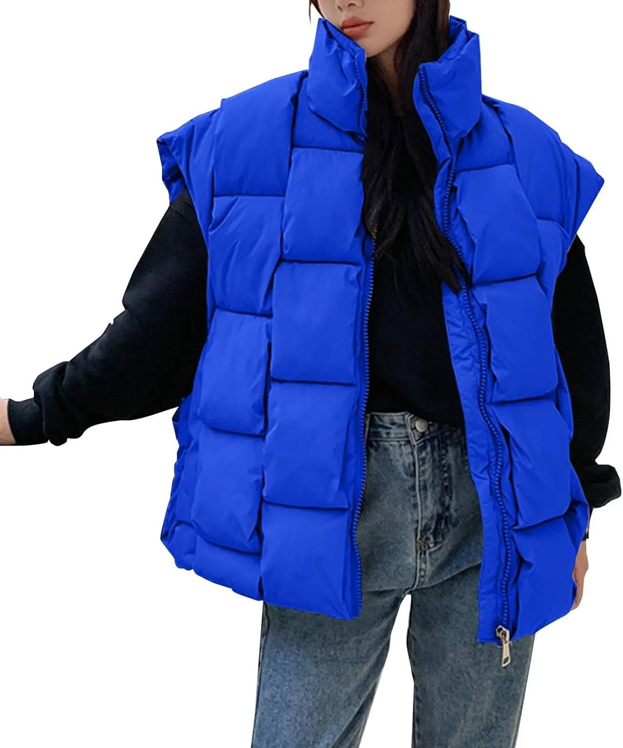 Women Winter Oversized Puffer Vest Sleeveless Jacket Zip Up Lightweight Stand Collar Insulated Padded Puffy Jackets Coat