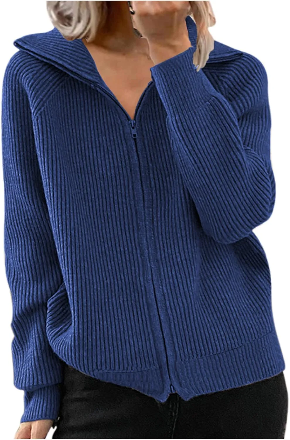 Women Zip up Long Sleeve Casual Cardigan Cable Knit Solid Color Sweater Loose Fashion Fall Clothes