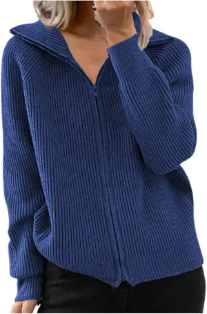 Women Zip up Long Sleeve Casual Cardigan Cable Knit Solid Color Sweater Loose Fashion Fall Clothes