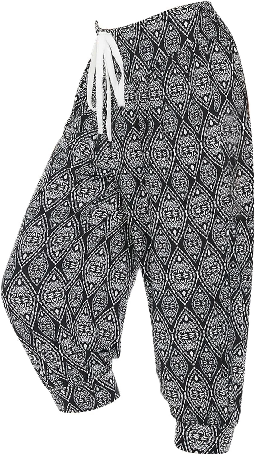 Womens Baggy Harem Capris Casual High Waisted Wide Leg Boho 3/4 Pants Workout Lounge Joggers Sweatpants with Pockets