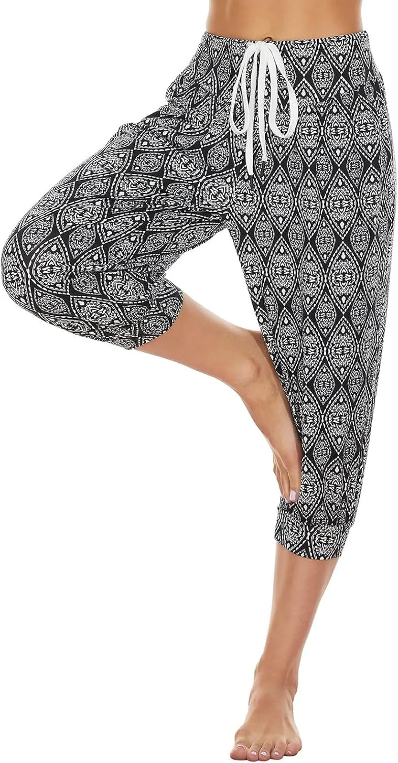 Womens Baggy Harem Capris Casual High Waisted Wide Leg Boho 3/4 Pants Workout Lounge Joggers Sweatpants with Pockets
