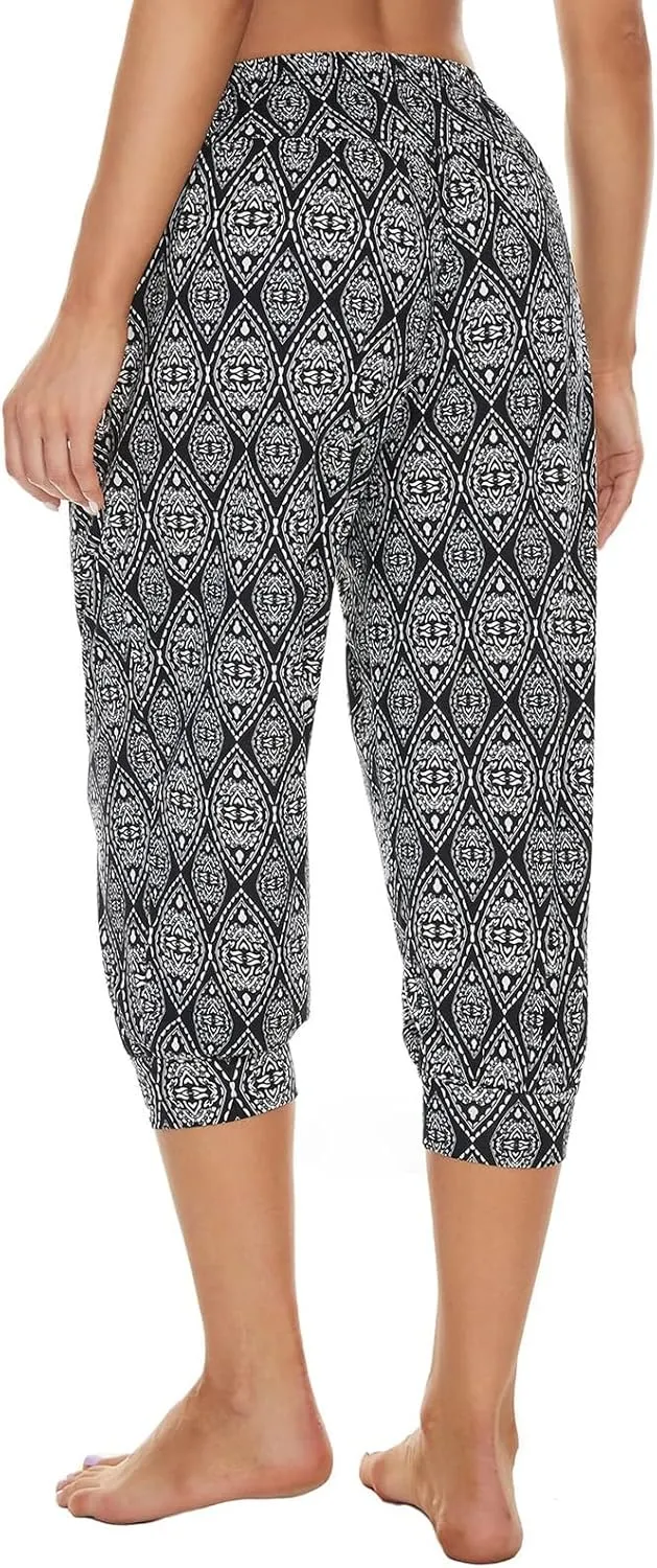 Womens Baggy Harem Capris Casual High Waisted Wide Leg Boho 3/4 Pants Workout Lounge Joggers Sweatpants with Pockets