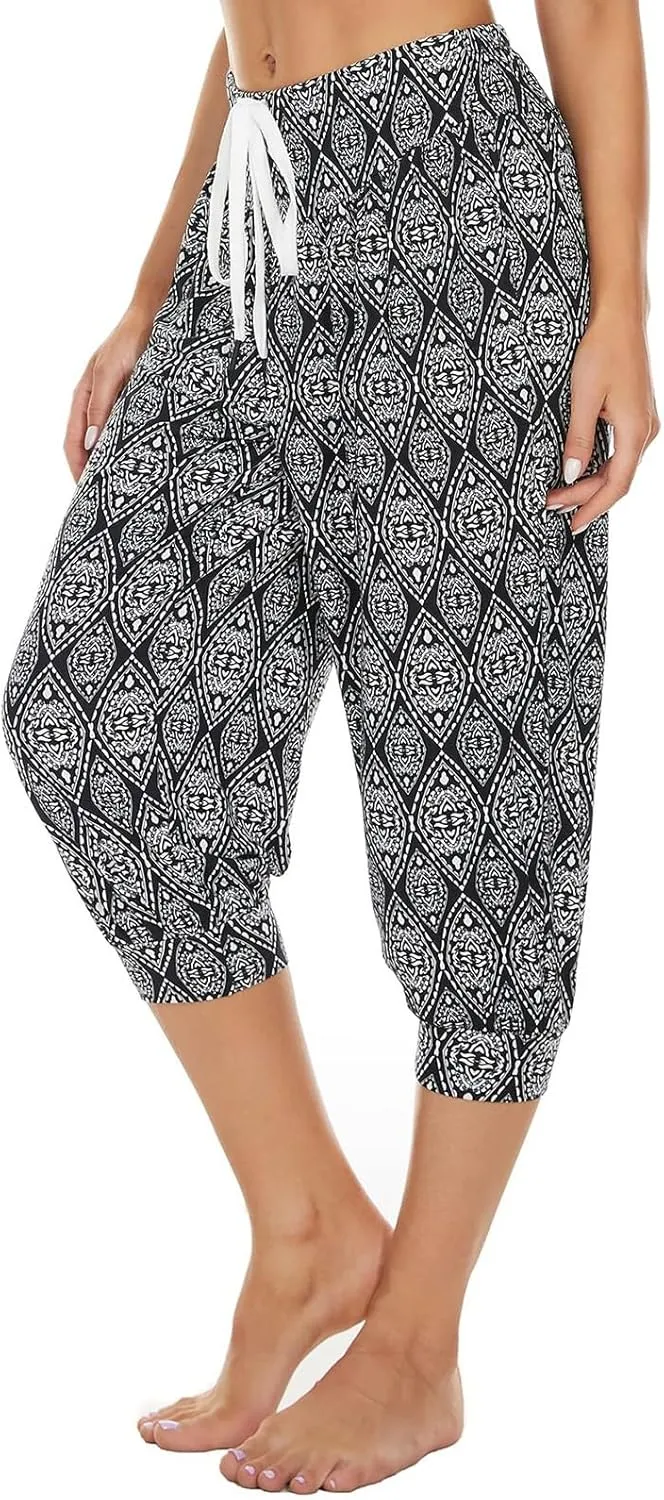 Womens Baggy Harem Capris Casual High Waisted Wide Leg Boho 3/4 Pants Workout Lounge Joggers Sweatpants with Pockets