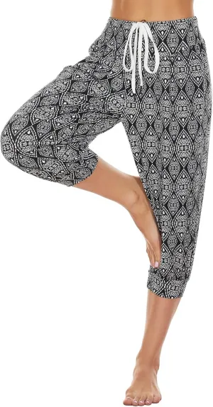 Womens Baggy Harem Capris Casual High Waisted Wide Leg Boho 3/4 Pants Workout Lounge Joggers Sweatpants with Pockets