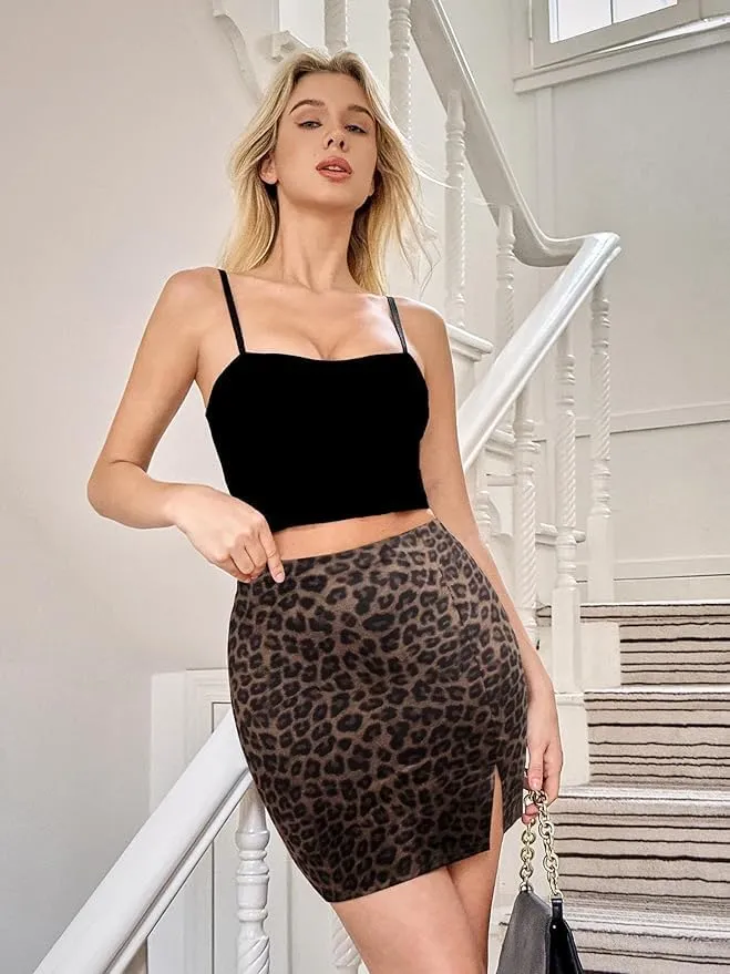 Women's Black Leather Skirts High Waisted High Side Slit Bodycon Mini Skirts