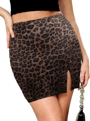 Women's Black Leather Skirts High Waisted High Side Slit Bodycon Mini Skirts