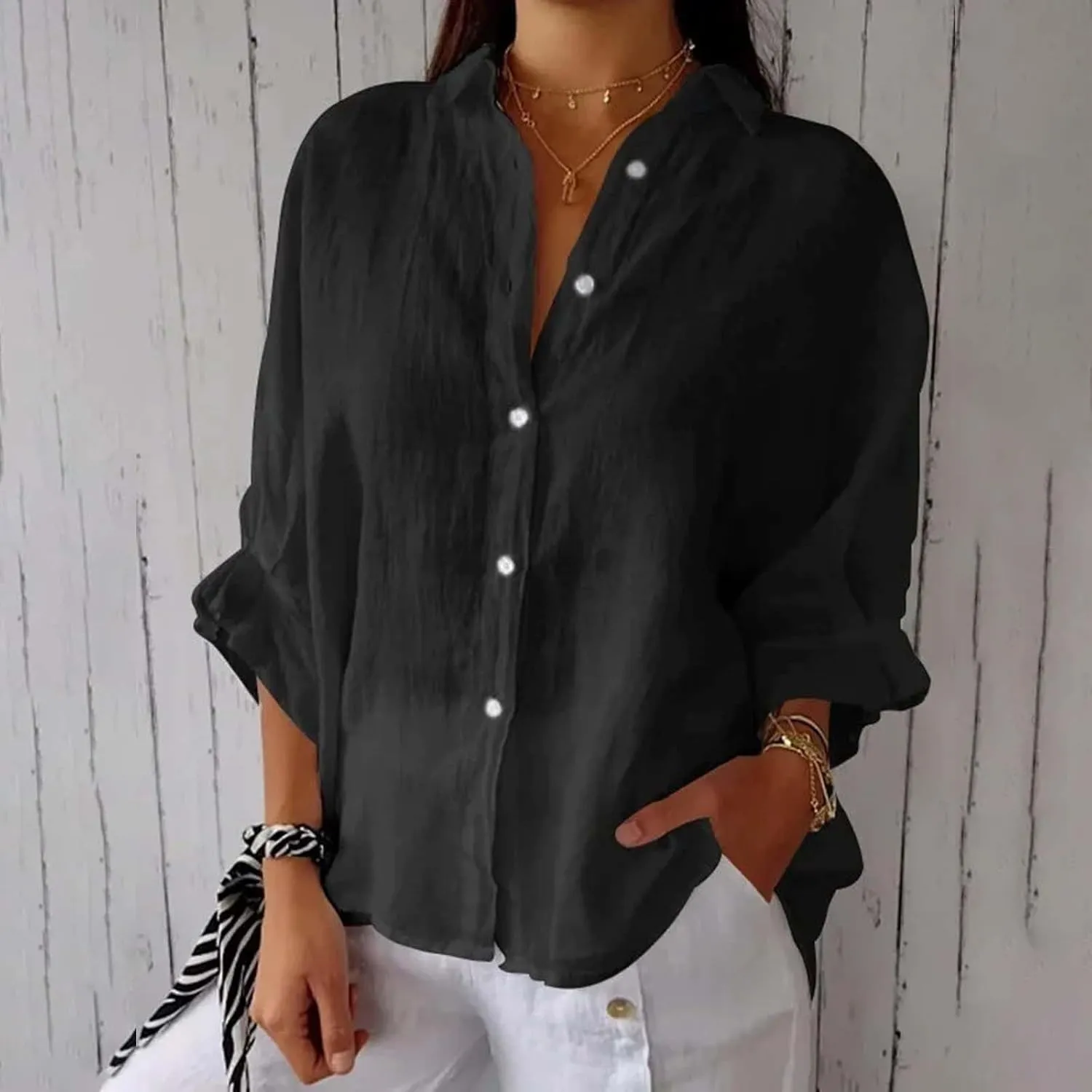 Womens Button Down V Neck Shirts 3/4 Sleeve Chiffon Casual Blouse Loose Fit Collared Linen Work Oversized Blouse