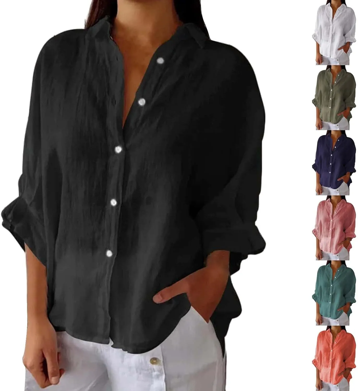 Womens Button Down V Neck Shirts 3/4 Sleeve Chiffon Casual Blouse Loose Fit Collared Linen Work Oversized Blouse