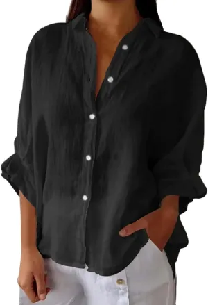 Womens Button Down V Neck Shirts 3/4 Sleeve Chiffon Casual Blouse Loose Fit Collared Linen Work Oversized Blouse