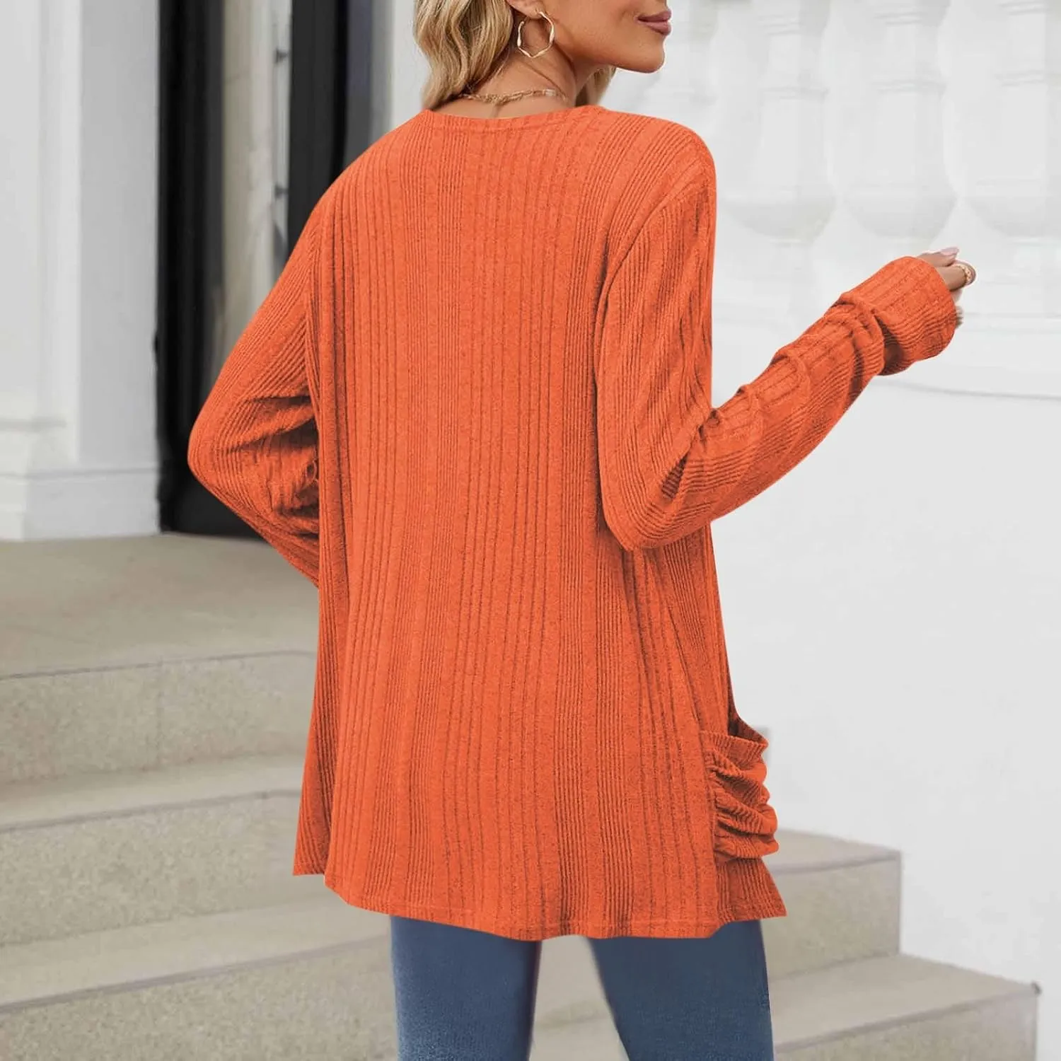 Women's Cardigan Coat Fashion Ribbed Knit Brushed Stripe Tunic Tops Long Sleeve Coat Fall Outdoor Comfy Cardigan Coat