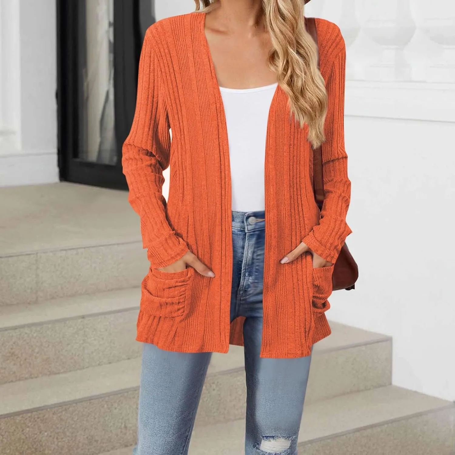 Women's Cardigan Coat Fashion Ribbed Knit Brushed Stripe Tunic Tops Long Sleeve Coat Fall Outdoor Comfy Cardigan Coat