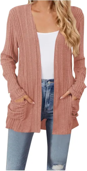 Women's Cardigan Coat Fashion Ribbed Knit Brushed Stripe Tunic Tops Long Sleeve Coat Fall Outdoor Comfy Cardigan Coat