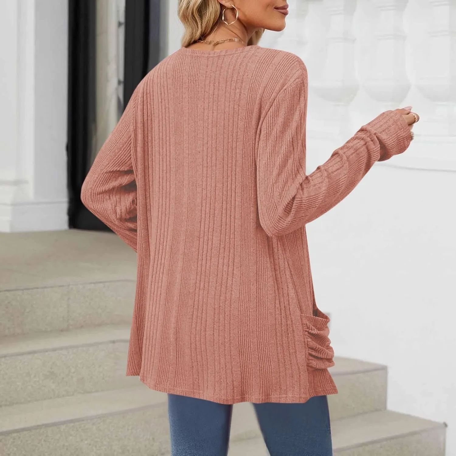 Women's Cardigan Coat Fashion Ribbed Knit Brushed Stripe Tunic Tops Long Sleeve Coat Fall Outdoor Comfy Cardigan Coat