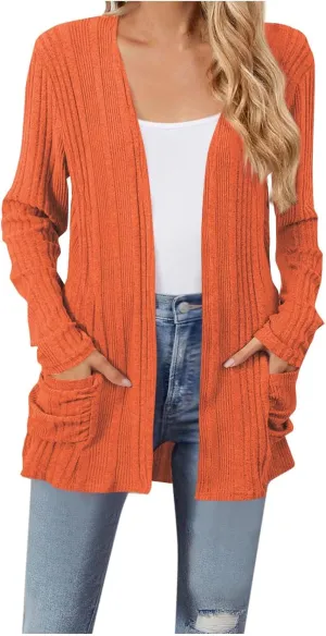 Women's Cardigan Coat Fashion Ribbed Knit Brushed Stripe Tunic Tops Long Sleeve Coat Fall Outdoor Comfy Cardigan Coat