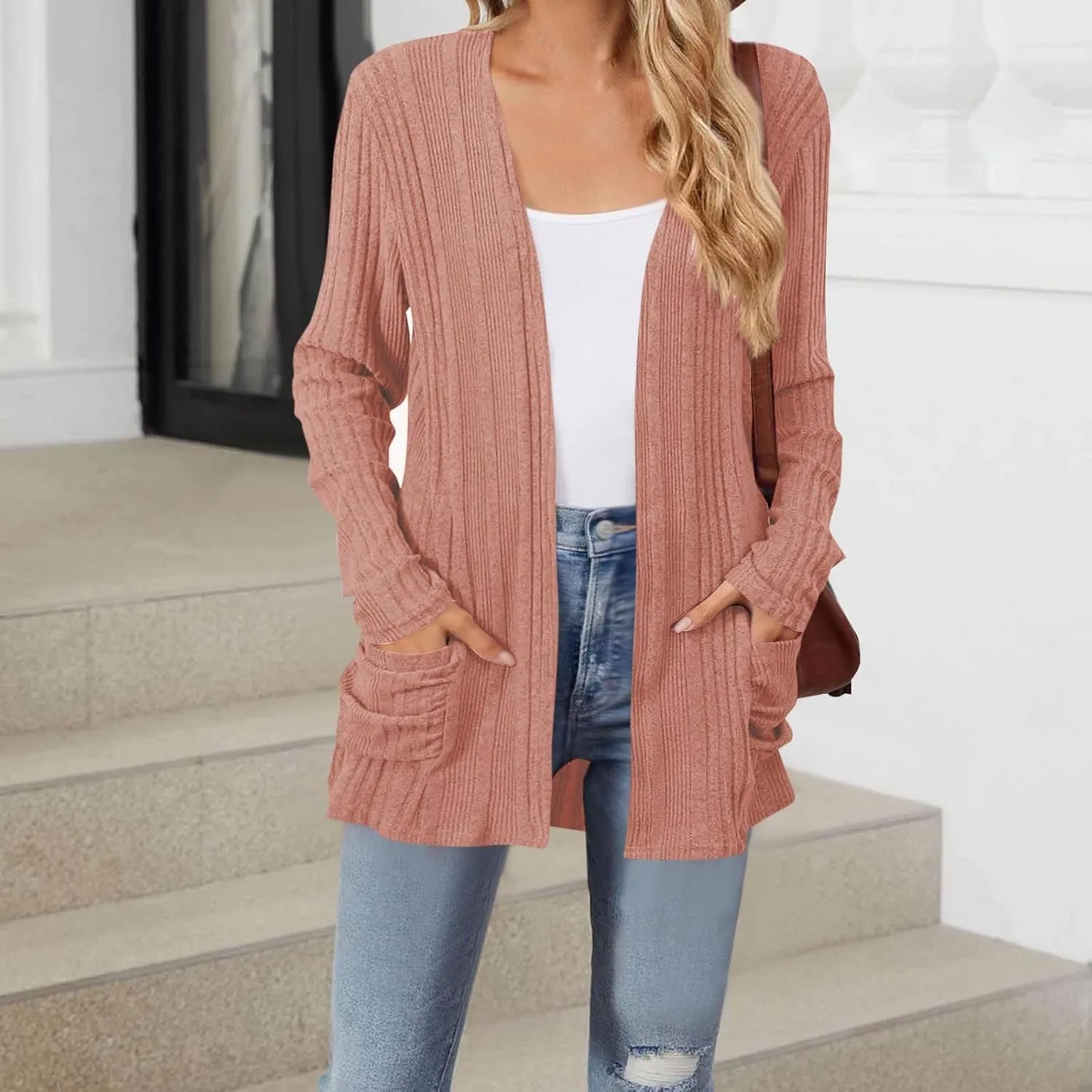 Women's Cardigan Coat Fashion Ribbed Knit Brushed Stripe Tunic Tops Long Sleeve Coat Fall Outdoor Comfy Cardigan Coat