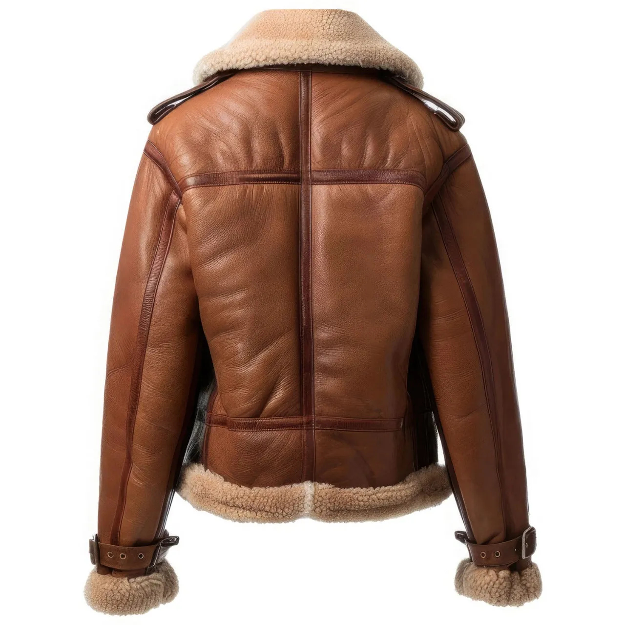 Women’s Chocolate Brown Sherpa Shearling Faux Fur Collar Warm Soft Asymmetric Zip-up Biker Aviator Leather Jacket.