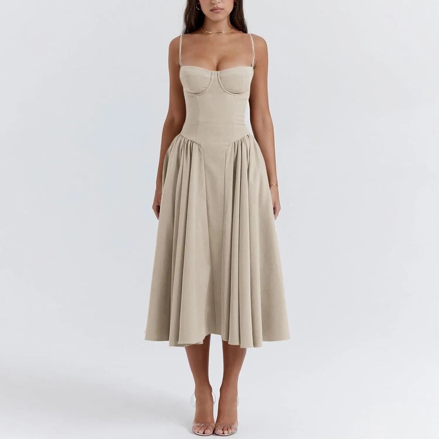 Womens Corset Dress Elegant Spaghetti Strap Bustier Midi Dress Flowy Pleated Hem Low Cut Prom Dresses with Pockets