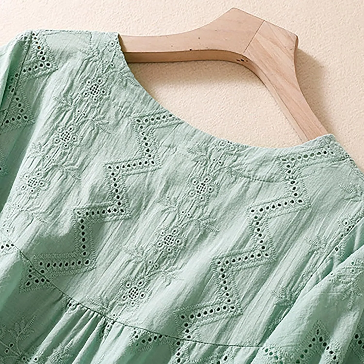 Women's Cotton Linen Embroidered Shirt Tops Boho 3/4 Sleeeve Tunic Top Dressy Elegant Blouse