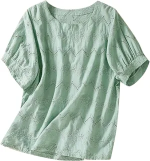 Women's Cotton Linen Embroidered Shirt Tops Boho 3/4 Sleeeve Tunic Top Dressy Elegant Blouse