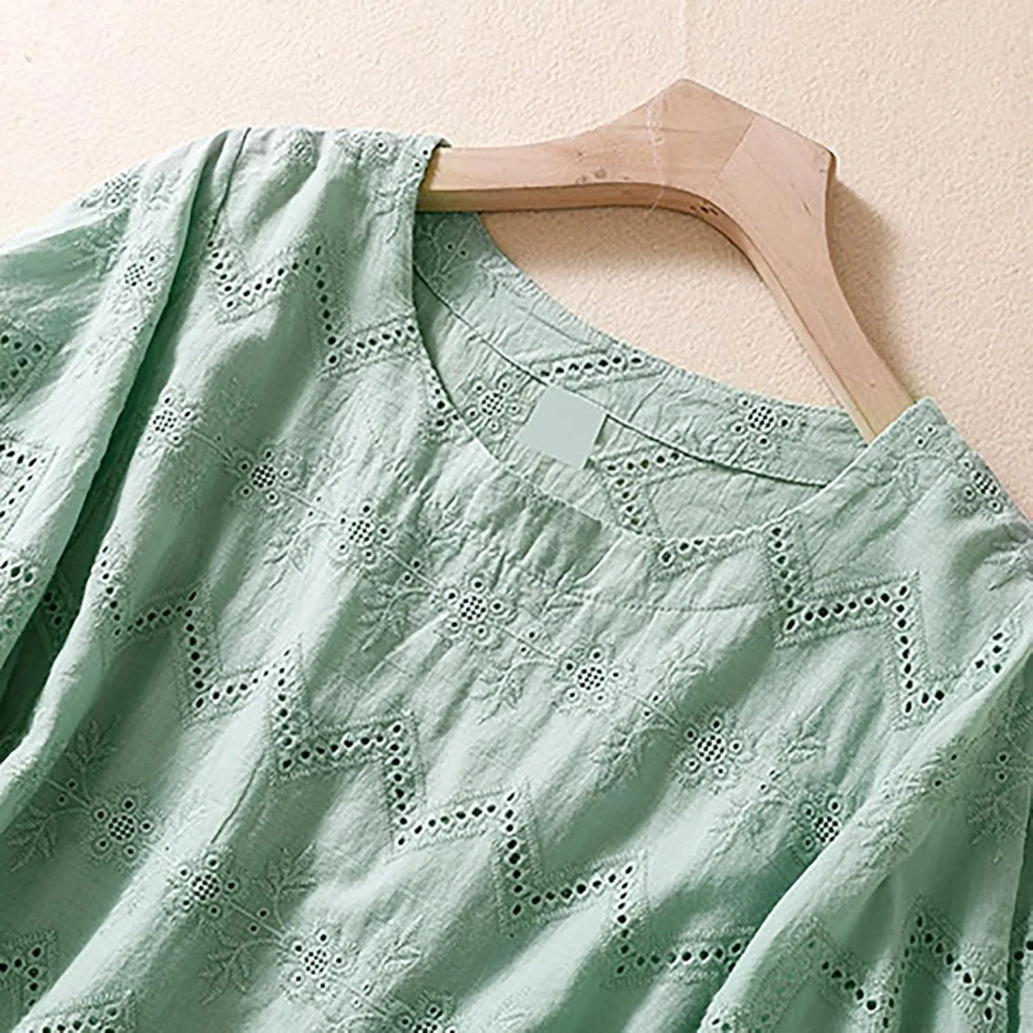 Women's Cotton Linen Embroidered Shirt Tops Boho 3/4 Sleeeve Tunic Top Dressy Elegant Blouse