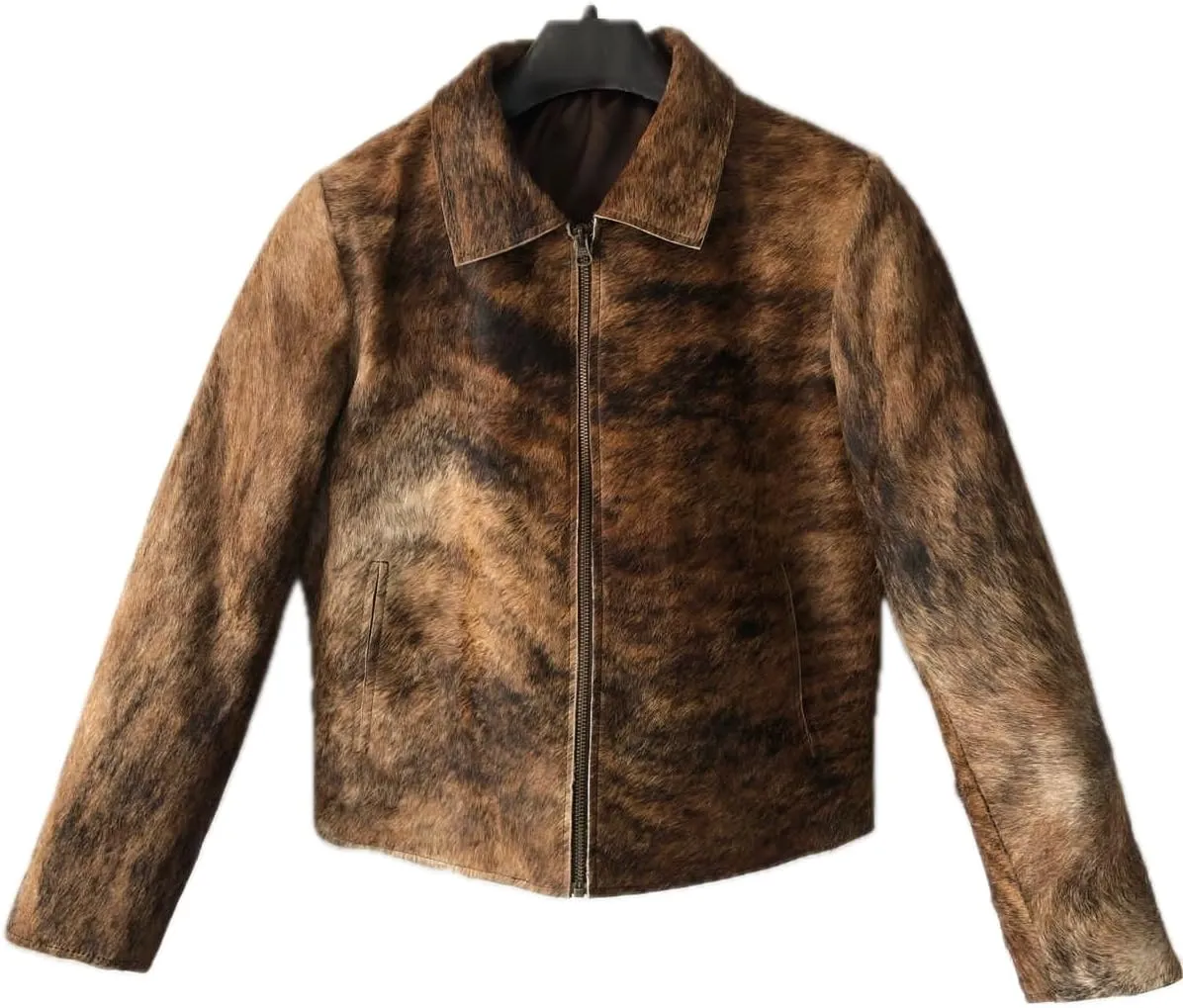 Women's Cow Fur Hair on Casual Leather Jacket - Loose Fit Straight Shirt Zipper Jacket - Black & Brown Shades