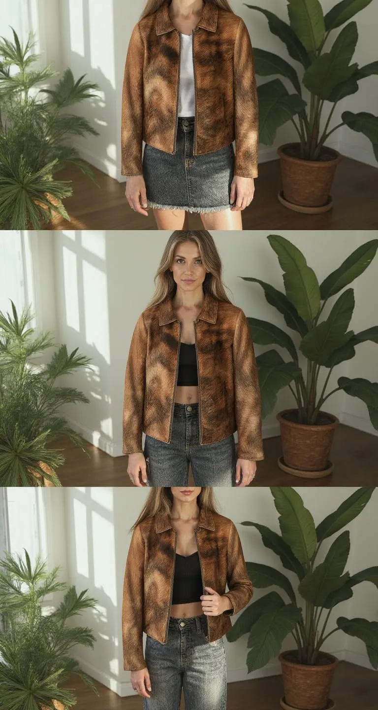 Women's Cow Fur Hair on Casual Leather Jacket - Loose Fit Straight Shirt Zipper Jacket - Black & Brown Shades
