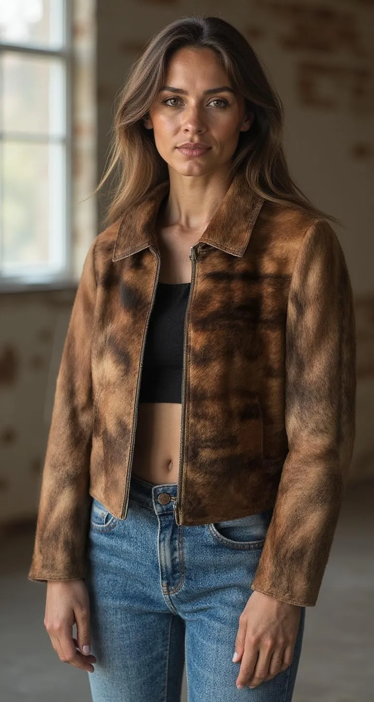 Women's Cow Fur Hair on Casual Leather Jacket - Loose Fit Straight Shirt Zipper Jacket - Black & Brown Shades