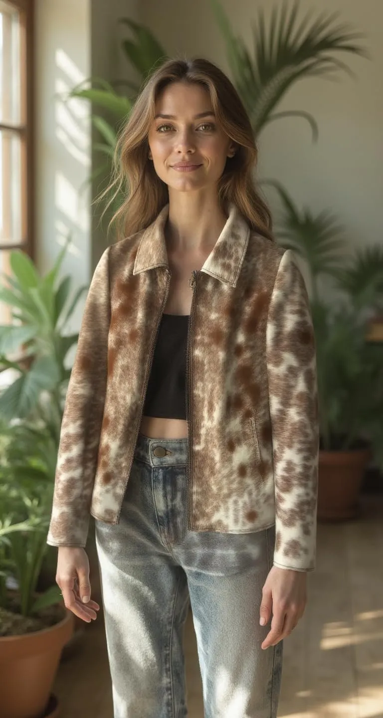 Women's Cow Fur Hair on Casual Leather Jacket - Loose Fit Straight Shirt Zipper Jacket - Black & Brown Shades