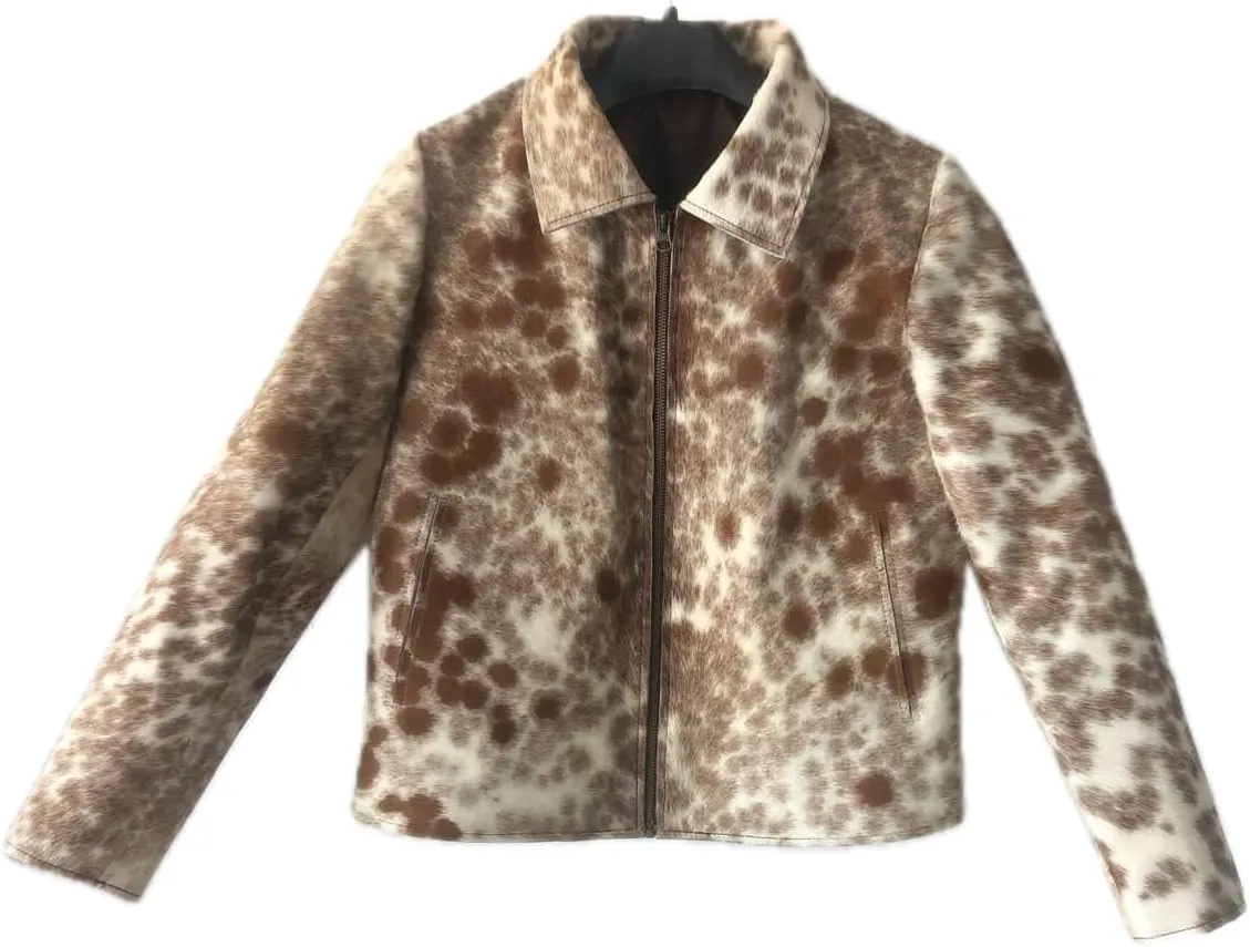 Women's Cow Fur Hair on Casual Leather Jacket - Loose Fit Straight Shirt Zipper Jacket - Black & Brown Shades
