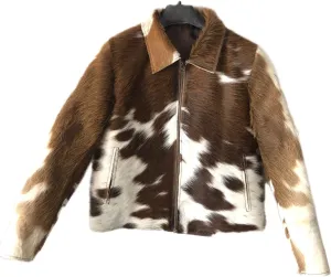 Women's Cow Fur Hair on Casual Leather Jacket - Loose Fit Straight Shirt Zipper Jacket - Black & Brown Shades