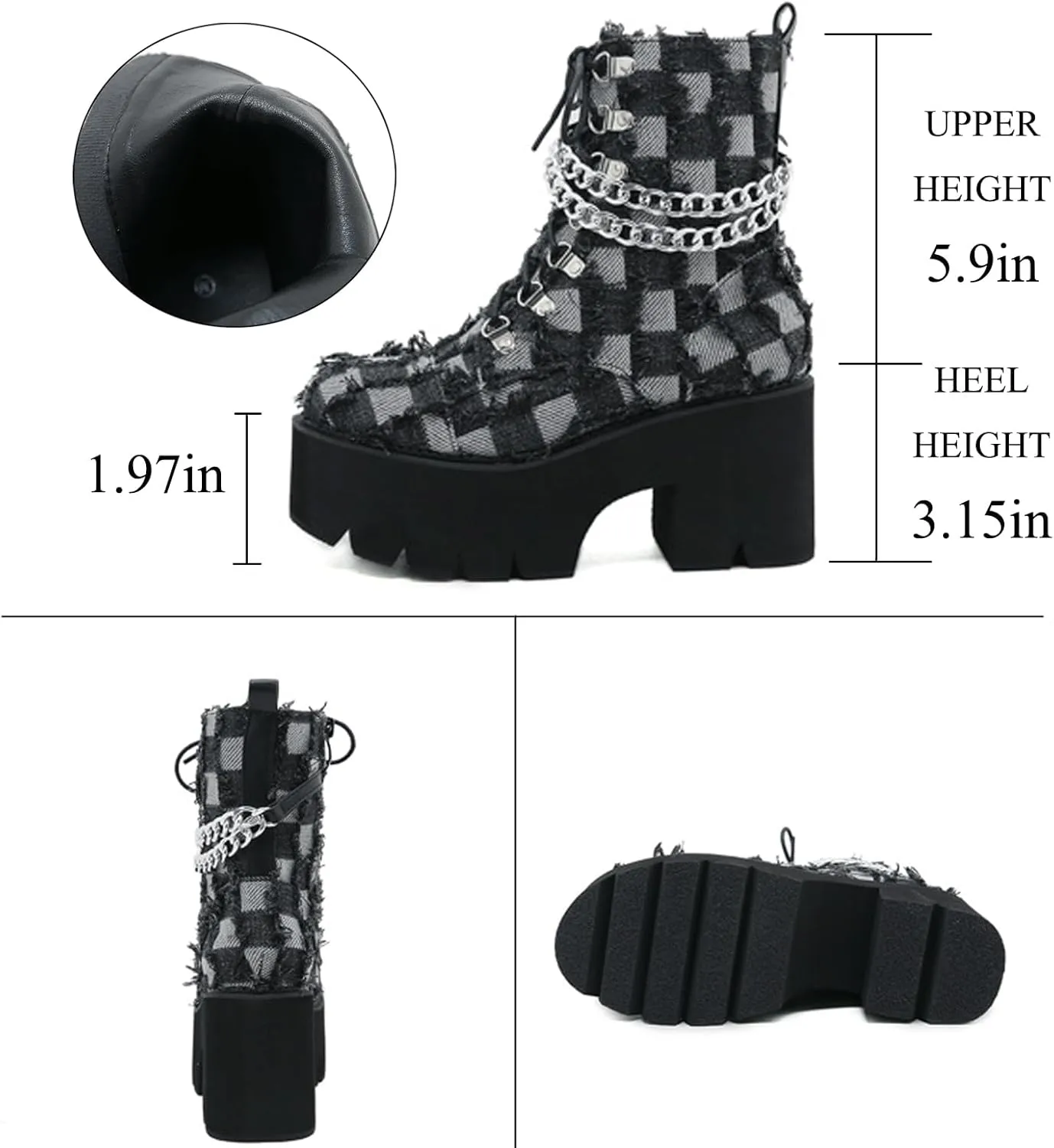 Women's Denim Burrs Lace Up Chunky Heel Platform Y2k Motorcycle Booties Fashion Chain Decor Lug Sole Comfort Combat Ankle Booties Side Zipper Round Toe Non-Slip Goth Combat Boots