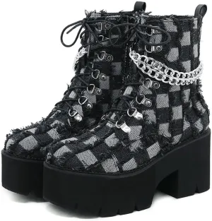 Women's Denim Burrs Lace Up Chunky Heel Platform Y2k Motorcycle Booties Fashion Chain Decor Lug Sole Comfort Combat Ankle Booties Side Zipper Round Toe Non-Slip Goth Combat Boots