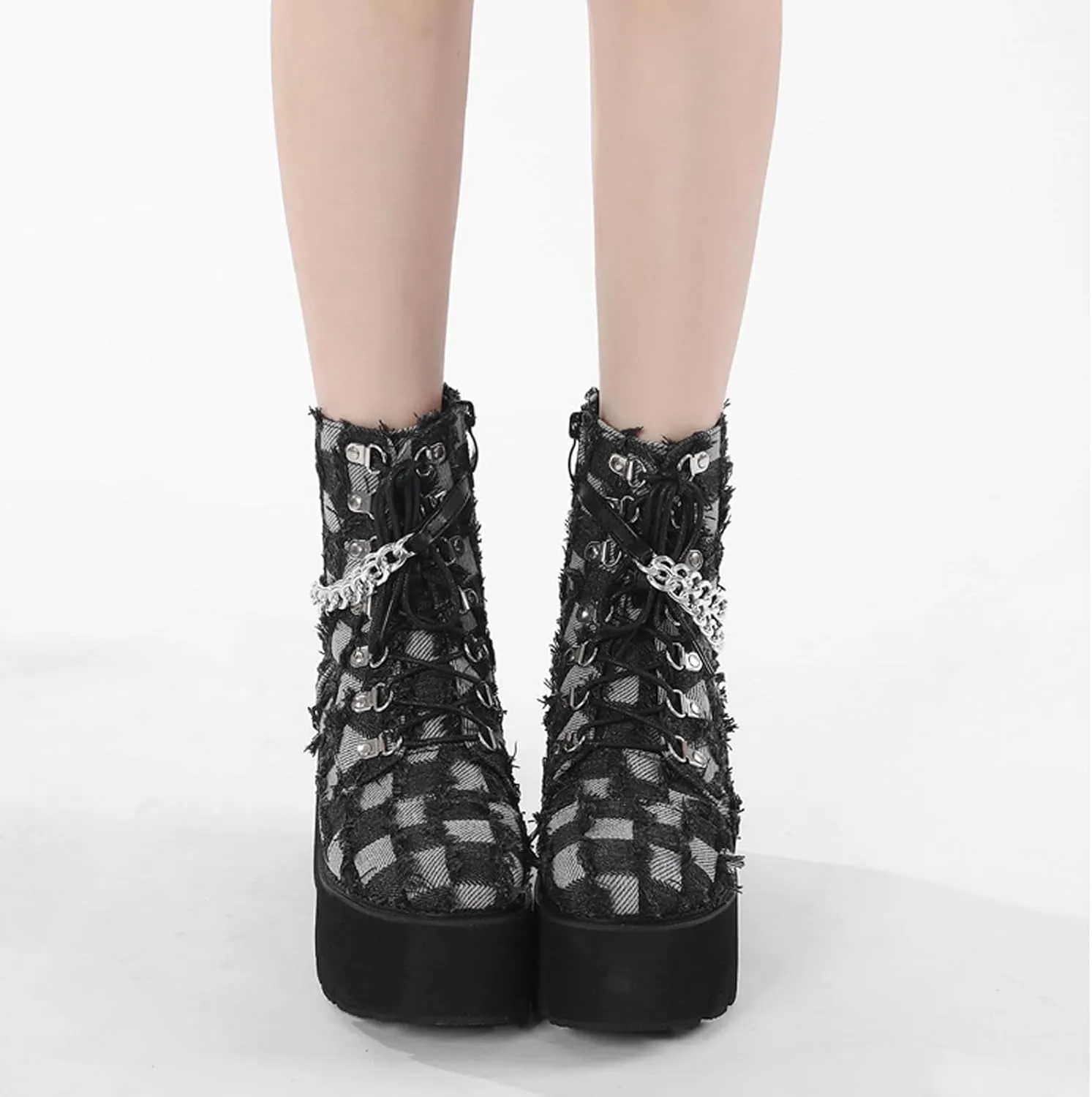 Women's Denim Burrs Lace Up Chunky Heel Platform Y2k Motorcycle Booties Fashion Chain Decor Lug Sole Comfort Combat Ankle Booties Side Zipper Round Toe Non-Slip Goth Combat Boots