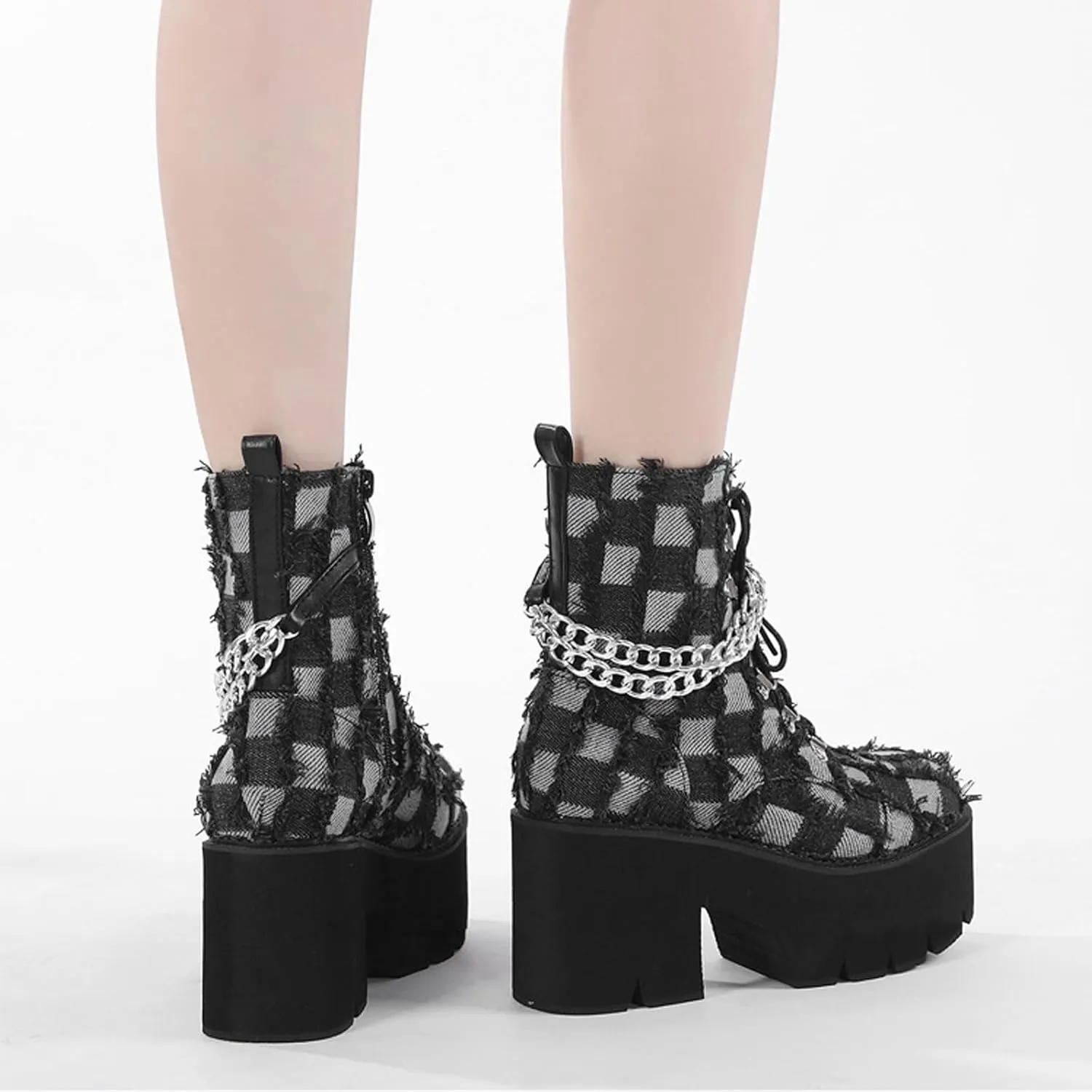 Women's Denim Burrs Lace Up Chunky Heel Platform Y2k Motorcycle Booties Fashion Chain Decor Lug Sole Comfort Combat Ankle Booties Side Zipper Round Toe Non-Slip Goth Combat Boots