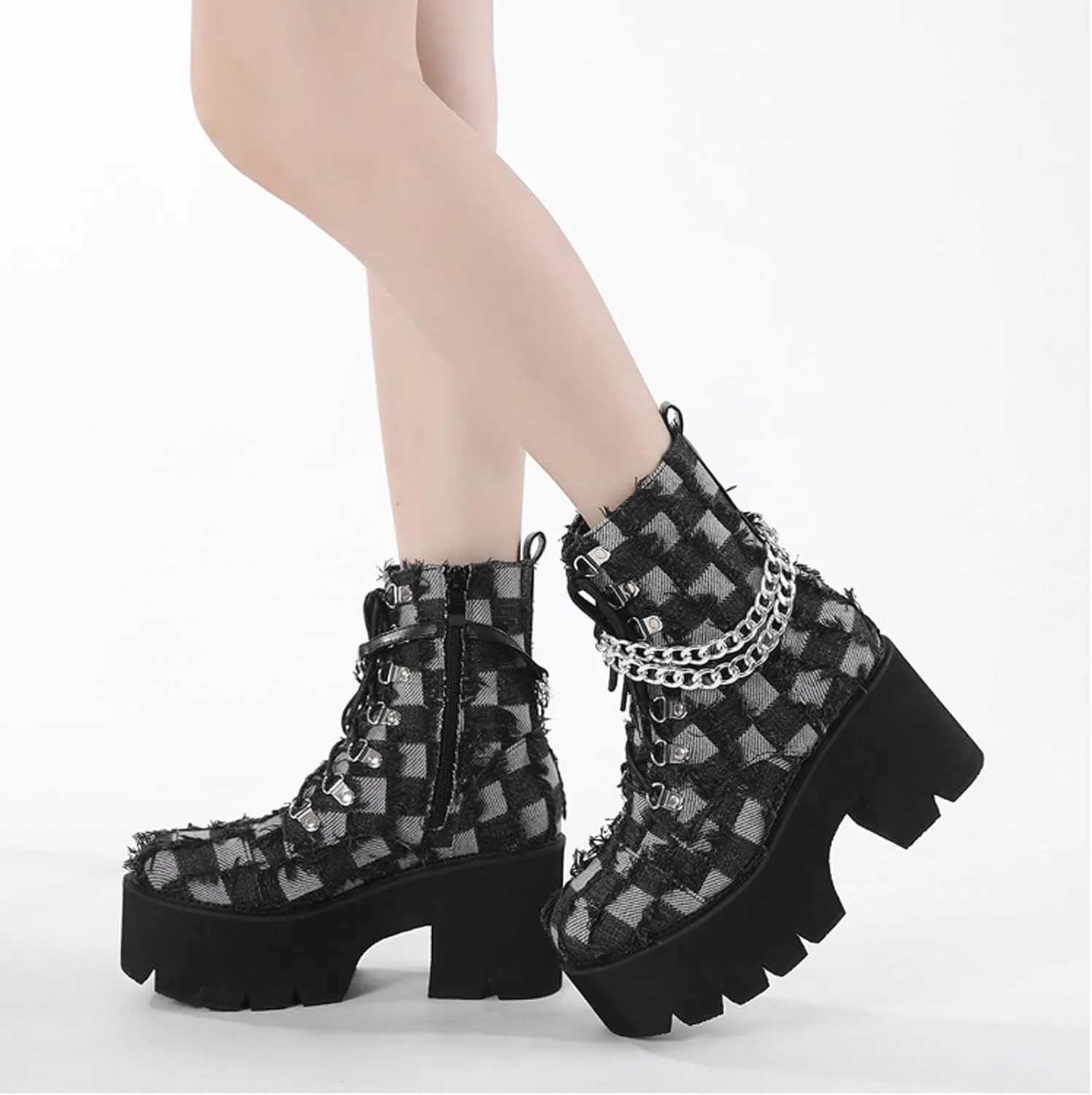 Women's Denim Burrs Lace Up Chunky Heel Platform Y2k Motorcycle Booties Fashion Chain Decor Lug Sole Comfort Combat Ankle Booties Side Zipper Round Toe Non-Slip Goth Combat Boots