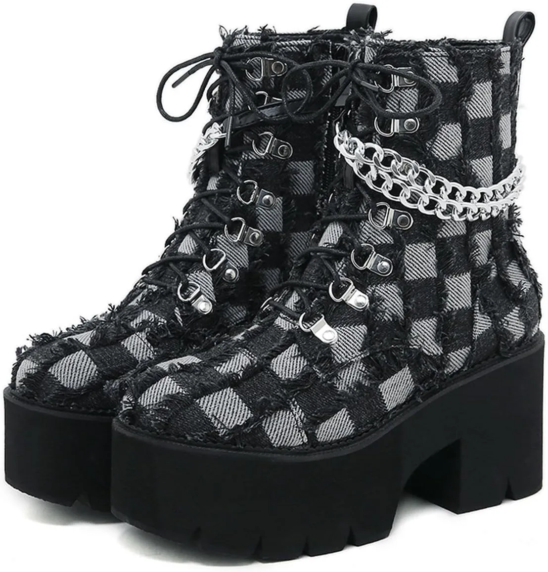 Women's Denim Burrs Lace Up Chunky Heel Platform Y2k Motorcycle Booties Fashion Chain Decor Lug Sole Comfort Combat Ankle Booties Side Zipper Round Toe Non-Slip Goth Combat Boots