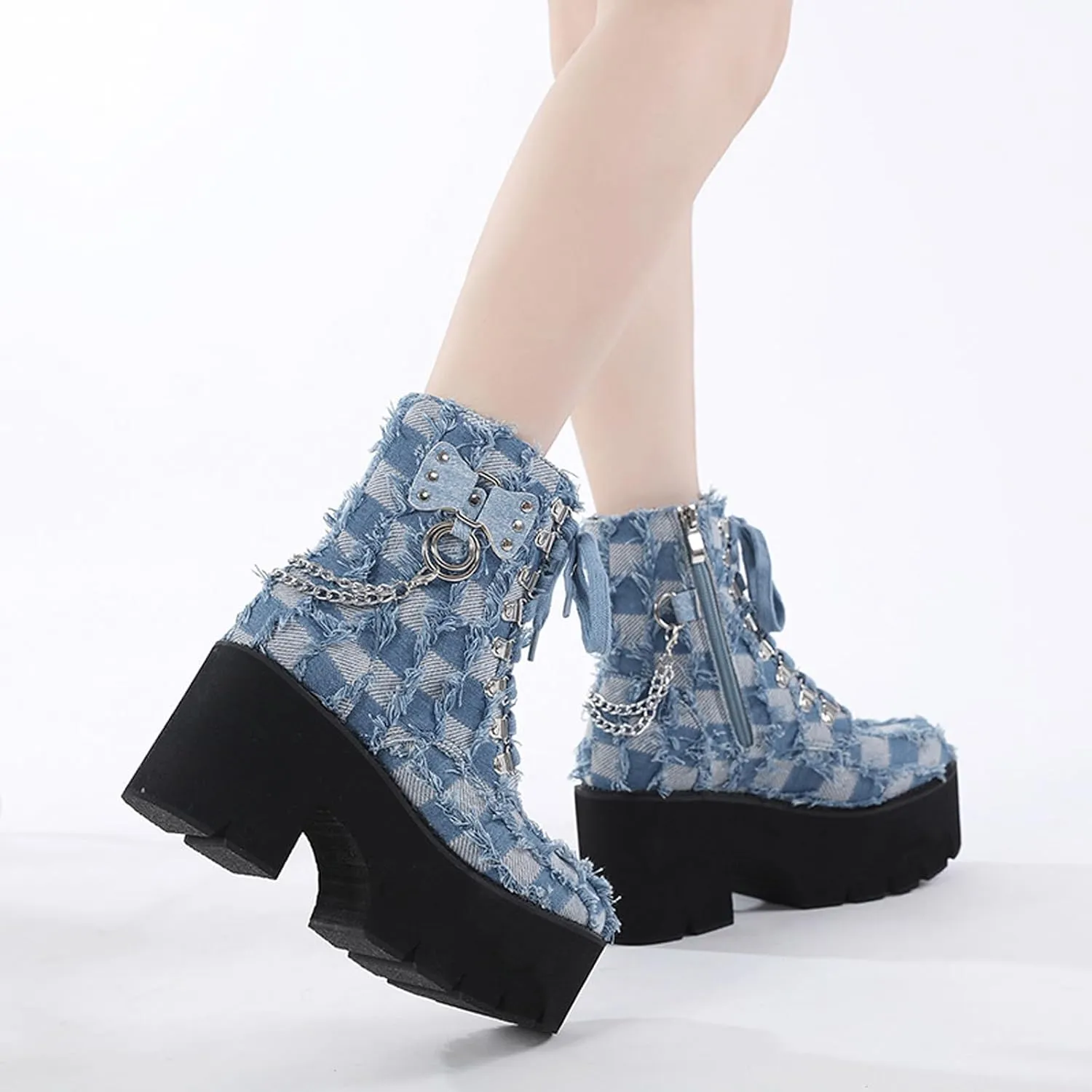 Women'S Denim Burrs Lace Up Chunky Platform Y2k Motorcycle Booties Fashion Chain Decor Platform Combat Ankle Booties Side Zipper Round Toe Non-Slip Goth Combat Boots